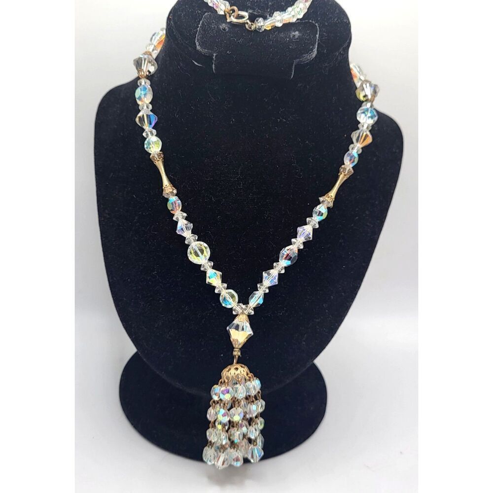 Stunning Vintage Tassel Necklace AB crystal MCM Gold Beads 26in 2.5in Tassel